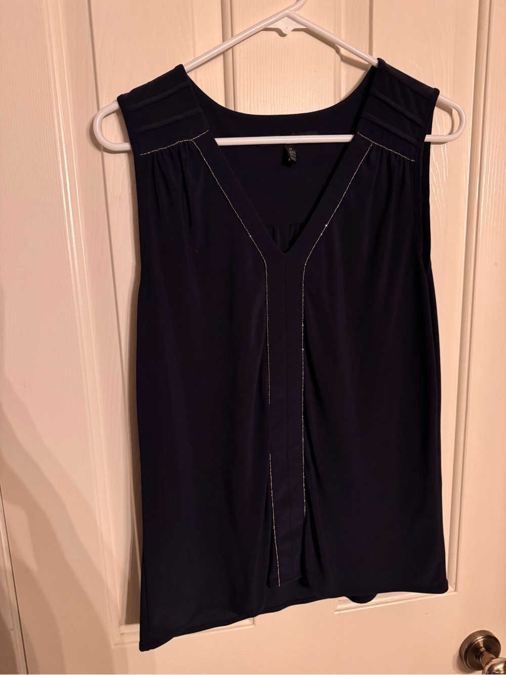 White House Black Market, Sleeveless Navy V-Neck Women's Top with Stitch Detail